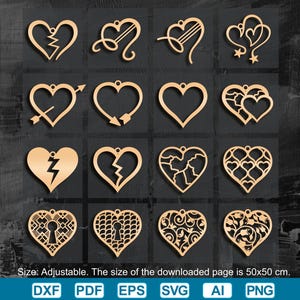 May include: A collection of laser-cut heart-shaped designs in a warm, golden hue. Each heart features unique patterns, including broken hearts, arrows, and keyhole designs. The downloadable page size is 50x50 cm.