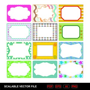 May include: A collection of twelve rectangular labels featuring diverse decorative borders and patterns, including polka dots, stripes, geometric shapes, and star motifs, with a white center area for text and the text SCALABLE VECTOR FILE PDF EPS AI PNG.
