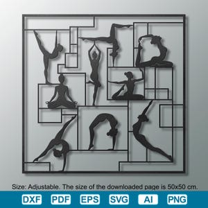 Op de afbeelding: Zwart metalen wandkunst met silhouetten van yogahoudingen in een geometrisch raster. Het kunstwerk toont verschillende yogaposities, waardoor een dynamische en artistieke weergave van de praktijk ontstaat. De grootte van de gedownloade pagina is 50x50 cm.