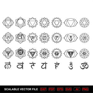 May include: A collection of seven chakra symbols arranged in three horizontal rows, featuring geometric shapes, lotus petals, and Sanskrit seed mantras. The bottom row displays the corresponding Sanskrit characters, with the text SCALABLE VECTOR FILE.