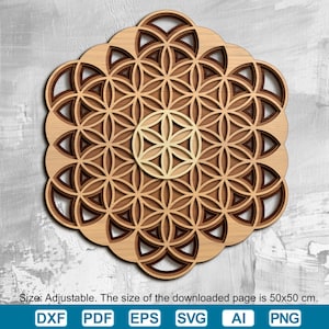 May include: A layered wooden wall art piece featuring a geometric flower of life design. The artwork is made of light and dark brown wood, with a central flower design. The text at the bottom indicates the size is adjustable and the downloaded page is 19.69 x 19.69 inches.
