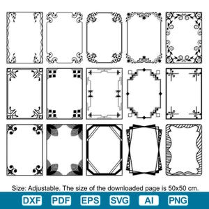 Puede incluir: Una colección de 15 diseños de marcos decorativos en blanco y negro. Los marcos varían en estilo, incluyendo patrones florales, geométricos y art déco. El tamaño de la página descargada es de 50x50 cm.