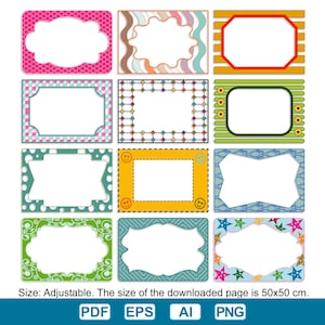 May include: A collection of twelve rectangular labels with various decorative borders and white centers. The borders feature patterns like polka dots, geometric shapes, and floral designs. The text at the bottom states the size is adjustable and the page size is 50x50 cm.