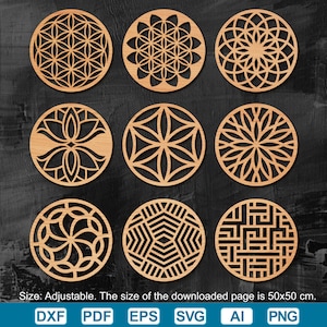 May include: Nine laser-cut wooden coasters with intricate geometric designs. Each coaster features a unique pattern, including floral and abstract shapes. The coasters are arranged in a 3x3 grid, showcasing the variety of designs. The size of the downloaded page is 19.69 x 19.69 inches.