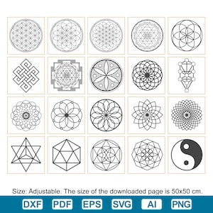 Puede incluir: Veinte diseños geométricos en blanco y negro, incluyendo círculos y patrones intrincados. El texto en la parte inferior dice: Tamaño: Ajustable. El tamaño de la página descargada es de 50x50 cm.