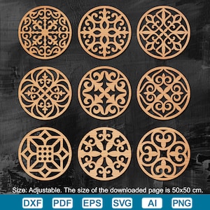 May include: Nine laser-cut wooden coasters with intricate, symmetrical designs. Each coaster features a unique pattern of swirling lines and geometric shapes. The coasters are arranged in a 3x3 grid against a dark background. The text on the image says "Size: Adjustable. The size of the downloaded page is 50x50 cm."
