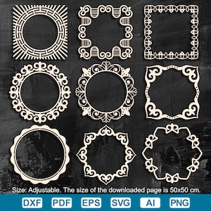 Puede incluir: Nueve marcos decorativos de color crema con diseños intrincados se muestran sobre un fondo oscuro. Los marcos varían en forma, incluyendo cuadrados y circulares, y presentan patrones ornamentados. La imagen incluye el texto: "Size: Adjustable. The size of the downloaded page is 50x50 cm."