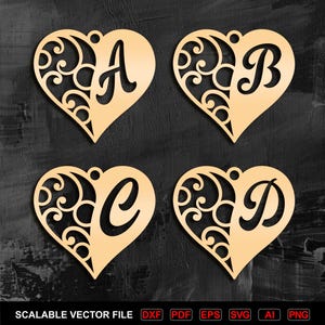 Heart initial necklace vector File: Laser Cut Alphabet Earring Pendant keychain (Digital Download)