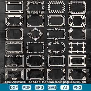 Puede incluir: Veintiún diseños de marcos ornamentados en color blanco sobre un fondo oscuro. Los marcos varían en forma y estilo, incluyendo patrones rectangulares, ovalados y florales. El texto en la parte inferior dice: "Size: Adjustable. El tamaño de la página descargada es de 50x50 cm."