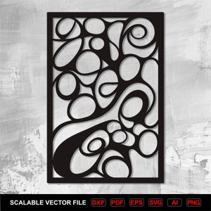 May include: A rectangular black panel featuring an intricate laser-cut design of interconnected organic shapes and flowing lines. The artwork is presented as a digital file, with text at the bottom indicating available formats: DXF, PDF, EPS, SVG, AI, and PNG.