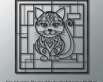幾何学模様の猫のメタルウォールアート レーザーカットファイル：装飾的なデザイン（デジタルダウンロード）