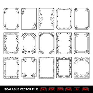 May include: A collection of fifteen rectangular black line art frames arranged in a grid. Each frame features distinct decorative patterns including scrolls, floral motifs, geometric shapes, and corner accents. The text SCALABLE VECTOR FILE DXF PDF EPS SVG AI PNG appears at the bottom.