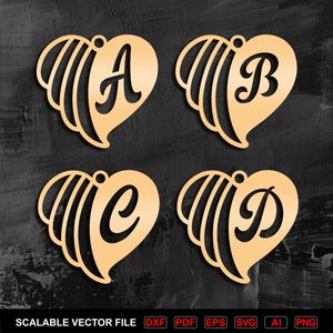ハート文字アルファベットSVG、レーザーカットイヤリングペンダントテンプレートキーチェーン（デジタルダウンロード）
