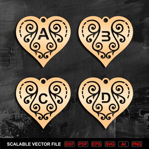 May include: Four light tan heart-shaped pendants featuring intricate black scrollwork patterns and the letters A, B, C, and D centered within each. Each heart includes a small circular hole at the top for hanging. Text at the bottom reads SCALABLE VECTOR FILE DXF PDF EPS SVG AI PNG.