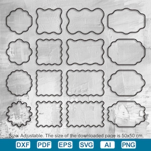 Peut inclure: Plusieurs cadres décoratifs noirs de formes variées, dont des cercles, des carrés et des rectangles aux bords festonnés ou incurvés. Le texte "Size: Adjustable. The size of the downloaded page is 50x50 cm." est inclus.