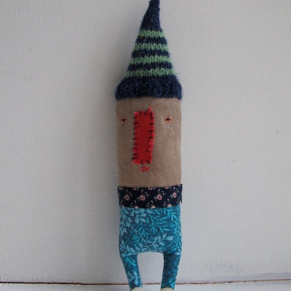 pointy hat chap - textile and knit doll creation - red nose