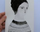 a modest woman - an original gouache portrait on paper - folk art