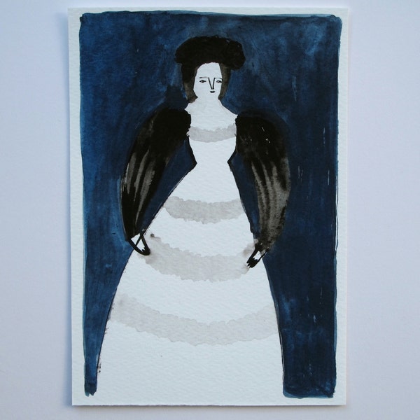 a fine lady with indigo backdrop - an original goauche painting portrait