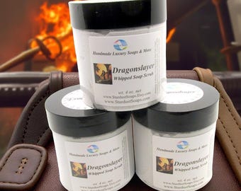 Dragonslayer Whipped Soap Scrub | Foaming Body Wash + Sugar Exfoliating Cleanser | Bold Masculine-Unisex Scent | Moisturizing Body Scrub