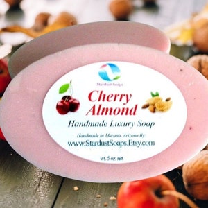 Cherry Almond Natural Bar Soap, handmade, soft lather, moisturizing, soothing to skin, aromatic, clean rinse. glycerin soap image 3