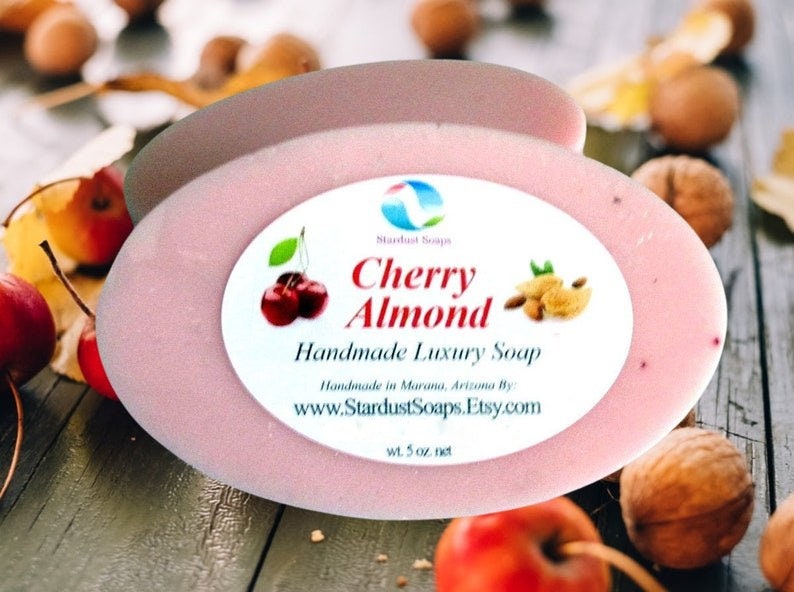 Cherry Almond Natural Bar Soap, handmade, soft lather, moisturizing, soothing to skin, aromatic, clean rinse. glycerin soap image 3