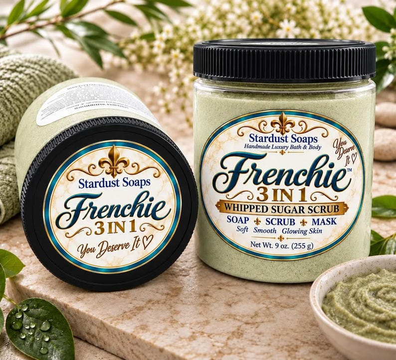 May include: Two clear plastic jars with black lids containing light green whipped sugar scrub. The labels read Stardust Soaps Frenchie 3 in 1 Whipped Sugar Scrub, Soap, Scrub, Mask, Soft, Smooth, Glowing Skin, Net Wt. 9 oz. (255 g), and You Deserve It.