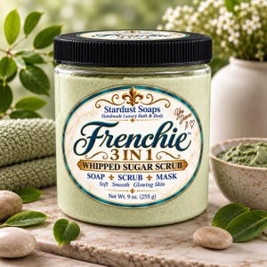 May include: A clear plastic jar with a black lid containing light green whipped sugar scrub. The label reads Stardust Soaps Frenchie 3 IN 1 WHIPPED SUGAR SCRUB SOAP SCRUB MASK. Net Wt. 9 oz. (255 g) is printed at the bottom of the oval label.