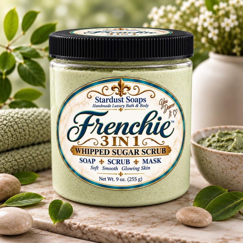 May include: A clear plastic jar with a black lid containing light green whipped sugar scrub. The label reads Stardust Soaps Frenchie 3 IN 1 WHIPPED SUGAR SCRUB SOAP SCRUB MASK. Net Wt. 9 oz. (255 g) is printed at the bottom of the oval label.