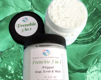 Frenchie 3-in-1 Whipped Sugar Scrub Soap | Exfoliating Cleanser + Face Mask | French Green Clay Detox Skincare