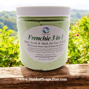 May include: A clear plastic jar with a white lid, filled with a light green, textured product. The label reads "Frenchie 3 in 1" and lists ingredients. The jar contains 9 oz / 255 g net weight.