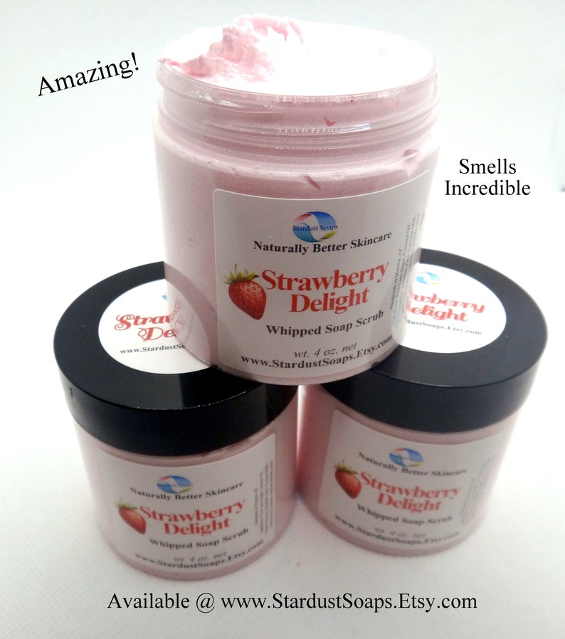 Strawberry Delight whipped soap scrub, handmade, gift idea, exfoliates, cleanses, clean rinse, moisturizing, silky skin, Valentines day image 2