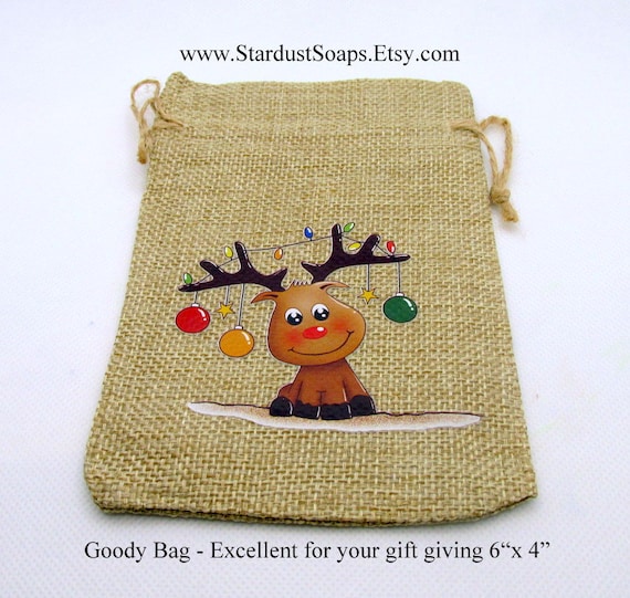 Burlap Gift Bag - Burlap reindeer gift bag  with natural linen lining|  Goodie bag | gift wrap bag | 6x4 inch burlap bag | accessory bag |