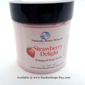 Strawberry Delight whipped soap scrub, handmade, gift idea, exfoliates, cleanses, clean rinse, moisturizing, silky skin, Valentines day image 3