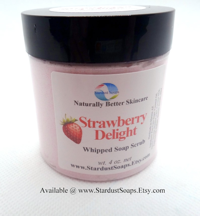 Strawberry Delight whipped soap scrub, handmade, gift idea, exfoliates, cleanses, clean rinse, moisturizing, silky skin, Valentines day image 3