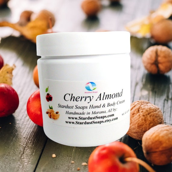 Cherry Almond, silk and satin skin cream, handmade in the USA, absorbent, aromatic, luxurious, for all skin types, contains Aloe