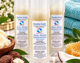 May include: Three clear plastic twist-up tubes of Stardust Soaps Shea Butter Hydrating Lotion Stick. Each label features the text Stardust Soaps, Shea Butter Hydrating Lotion Stick, Unscented, Total Body Moisture Repair, and Wt. 2 oz net.