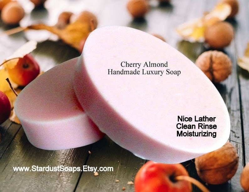 Cherry Almond Natural Bar Soap, handmade, soft lather, moisturizing, soothing to skin, aromatic, clean rinse. glycerin soap image 2