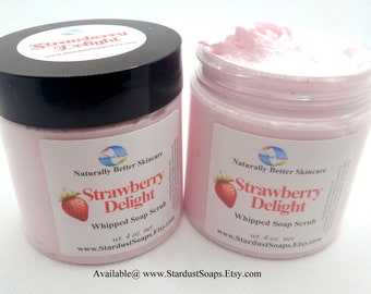 Strawberry Delight whipped soap scrub, handmade, gift idea, exfoliates, cleanses, clean rinse, moisturizing, silky skin, Valentines day