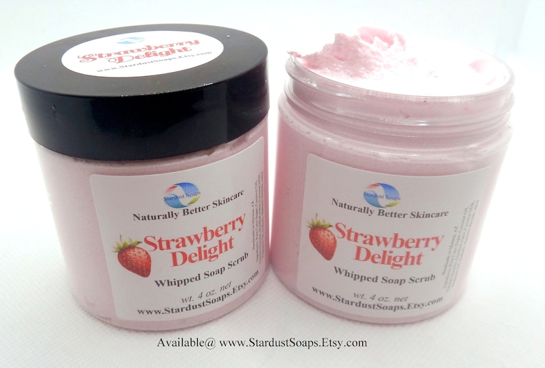 Strawberry Delight whipped soap scrub, handmade, gift idea, exfoliates, cleanses, clean rinse, moisturizing, silky skin, Valentines day image 1