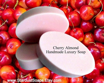 Cherry Almond Natural Bar Soap, handmade, soft lather, moisturizing, soothing to skin, aromatic, clean rinse. glycerin soap