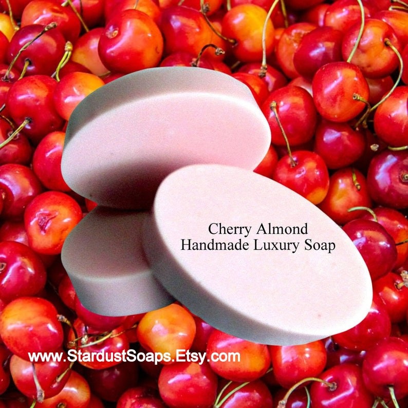 Cherry Almond Natural Bar Soap, handmade, soft lather, moisturizing, soothing to skin, aromatic, clean rinse. glycerin soap image 1