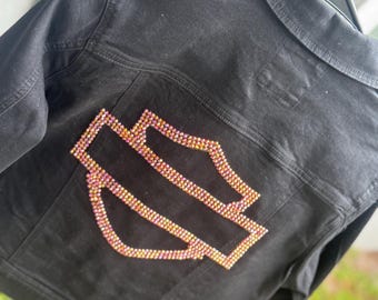 Black denim jacket with Harley rhinestone logo