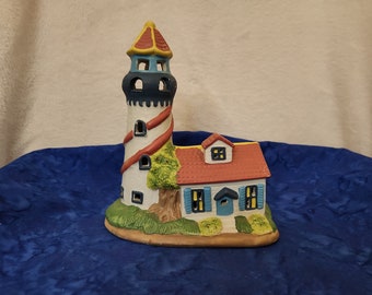 Colorful Lighthouse and Lighthouse Keeper Cottage Light Up Nautical Home Décor, Beach House Décor, Lake House Décor, Lighthouse Friend Gift