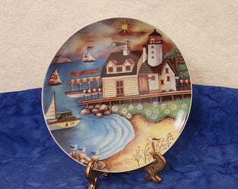 Lighthouse on Pier with Boats and Beach Area Plate Home Décor, Lighthouse Nautical Plate Home Décor, Gift for Birthday, Gift for Christmas