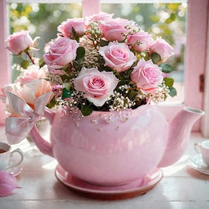 May include: A pink teapot with a bouquet of pink roses and white baby's breath.