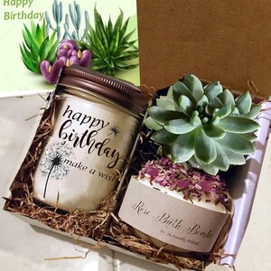 Customizable Birthday Candle Set with Succulent, Bath Bomb, and Salt Tubes image 9