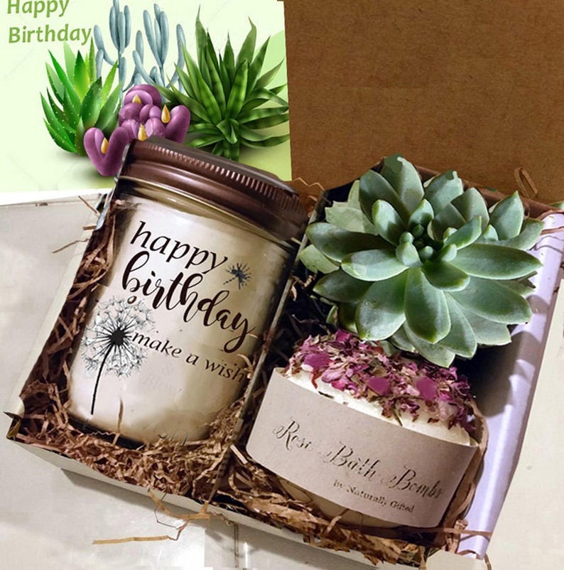 Customizable Birthday Candle Set with Succulent, Bath Bomb, and Salt Tubes image 9