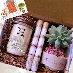 Handmade Housewarming Gift Box with Candle, Succulent, Bath Bomb & Salt Tubes - New Home Blessing - Personalized Greeting Card Included