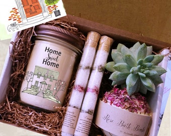 Handmade Housewarming Gift Box with Candle, Succulent, Bath Bomb & Salt Tubes - New Home Blessing - Personalized Greeting Card Included