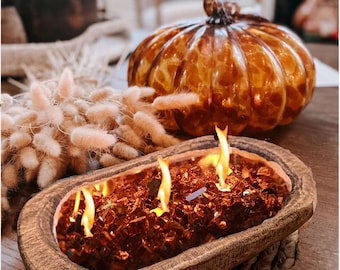 Fire Glass Dough Bowl Candle | Hand-Poured Soy Wax Candle | Rustic Wood Bowl Candle | Handmade Home Décor | Firepit Glass Candle Centerpiece
